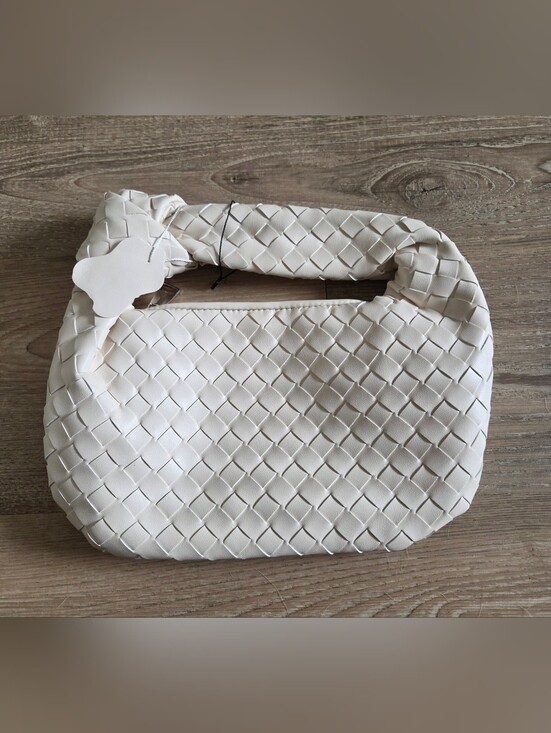 Boutique Brand Handbags - Cream Woven Leather Hobo Shoulder Bag
